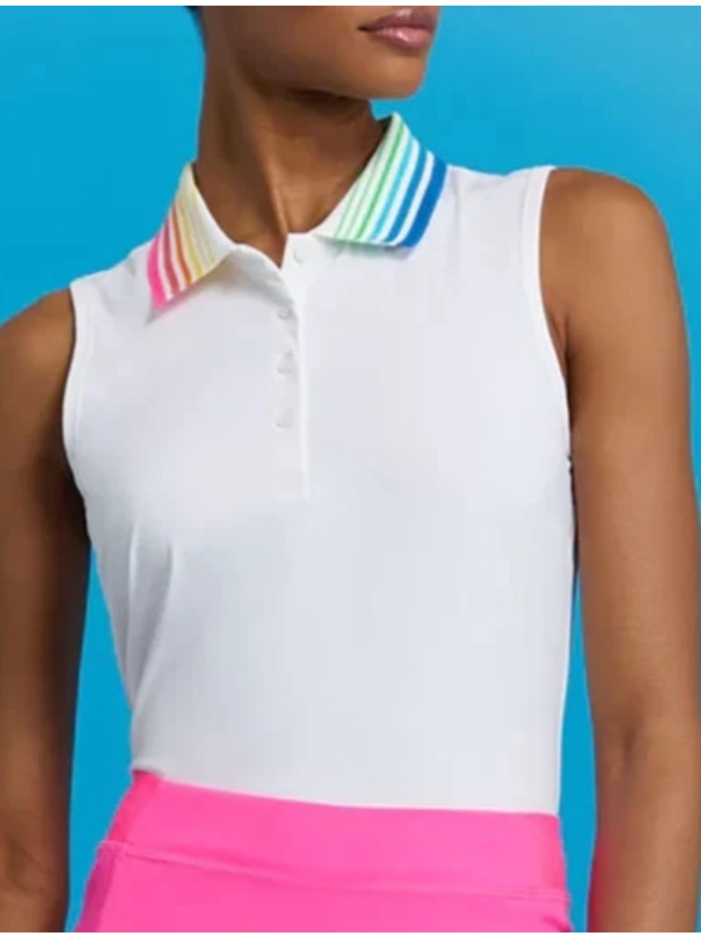 G/FORE Gradient Collar Silky Tech Nylon Sleeveless Polo L White Rainbow Golf Top